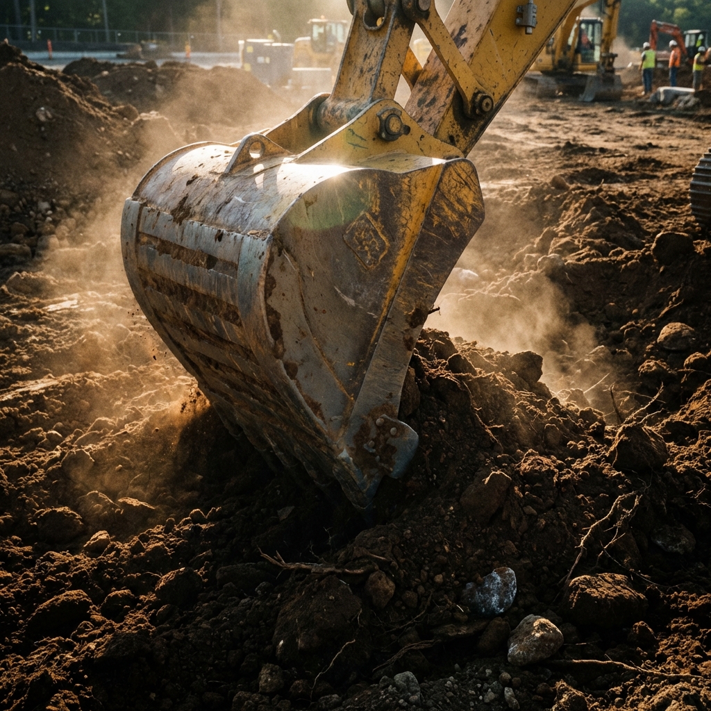 Equipe Uni Terraplanagem operando máquina retroescavadeira em obra em São Paulo